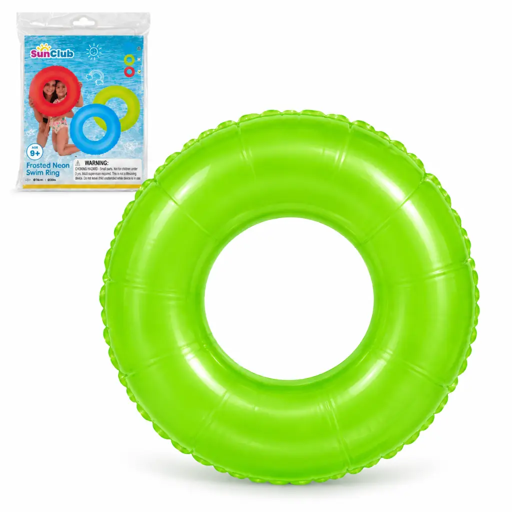 Flotador inflable verde neón con embalaje.webp