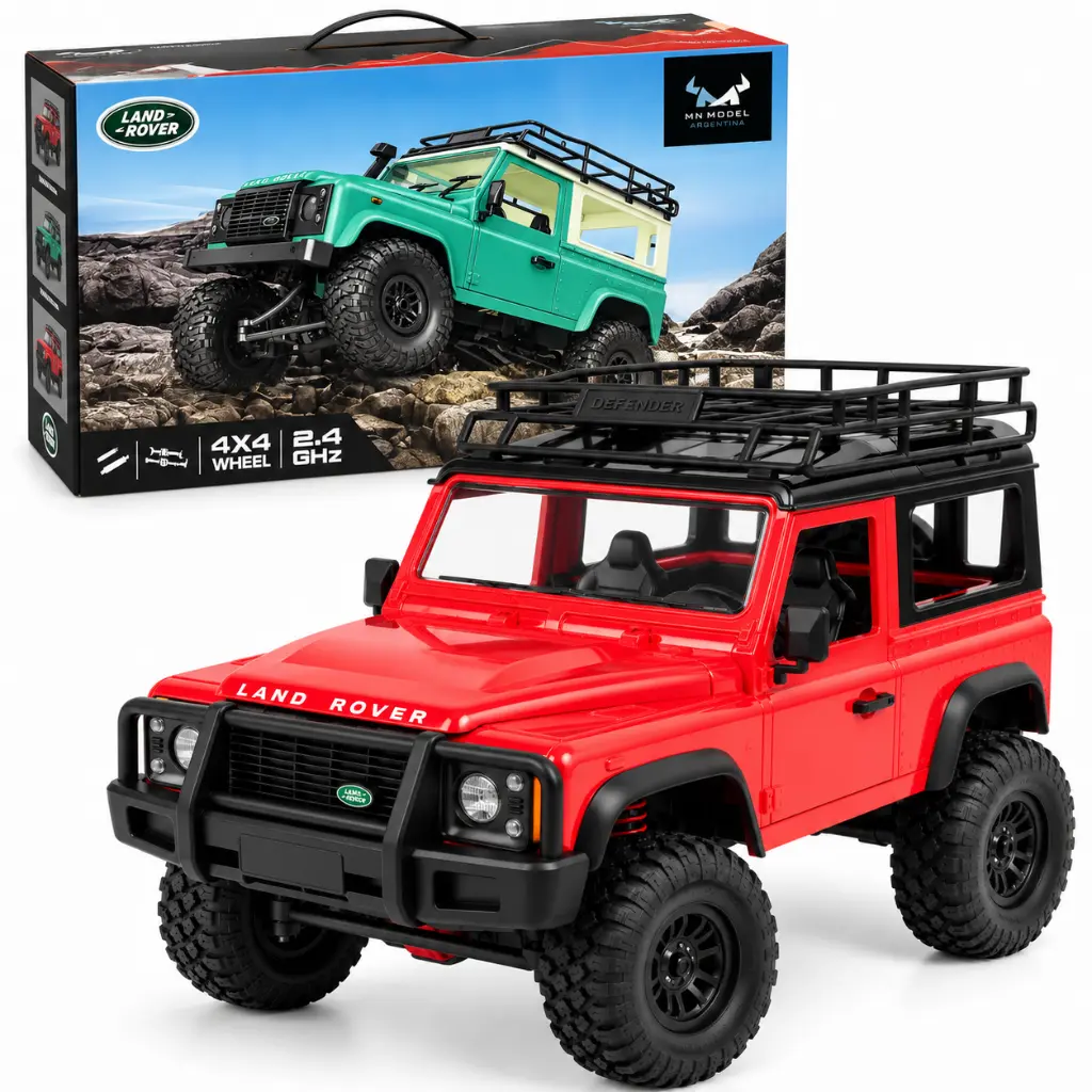 Defender rojo junto a su caja 4x4.webp