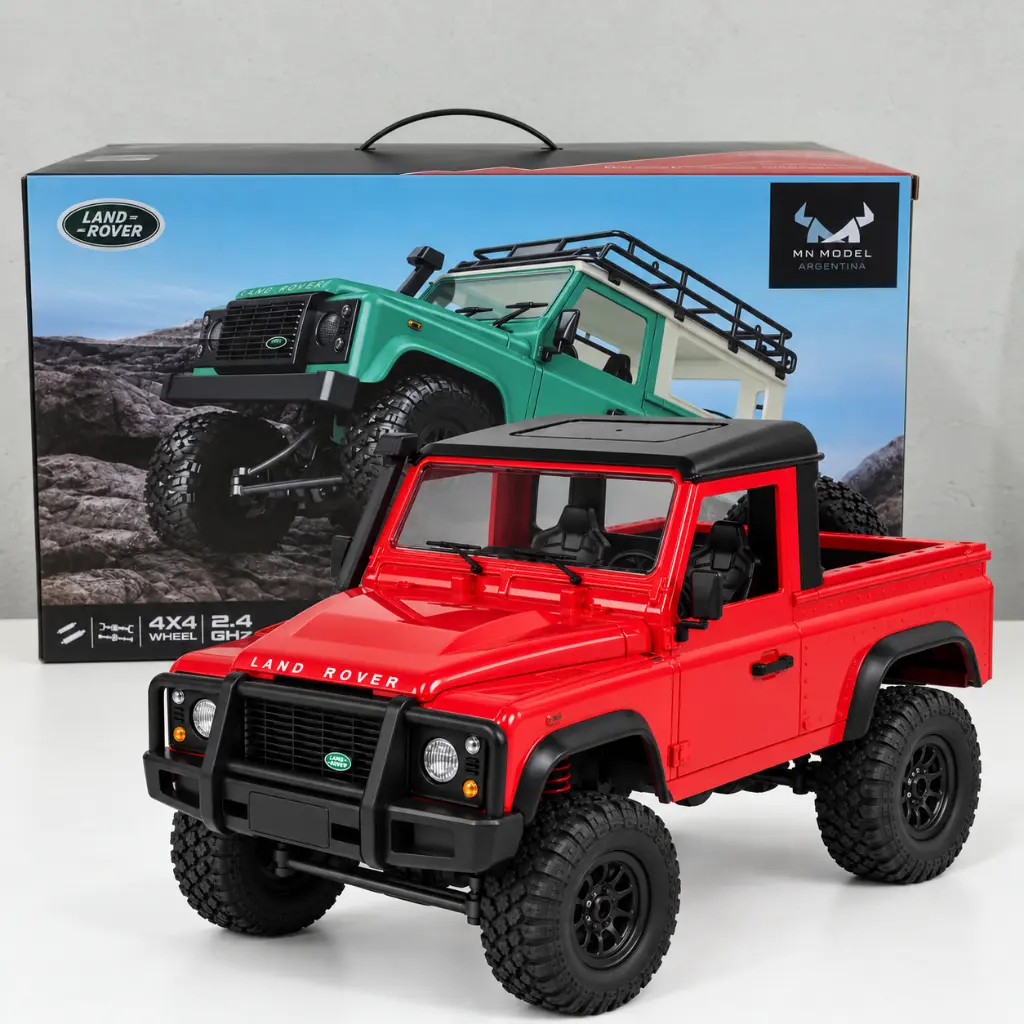 Camioneta RC Land Rover roja y caja.webp