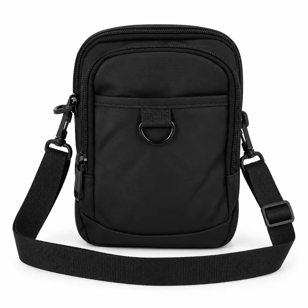 Bandolera negra utilitaria con correa ajustable.webp