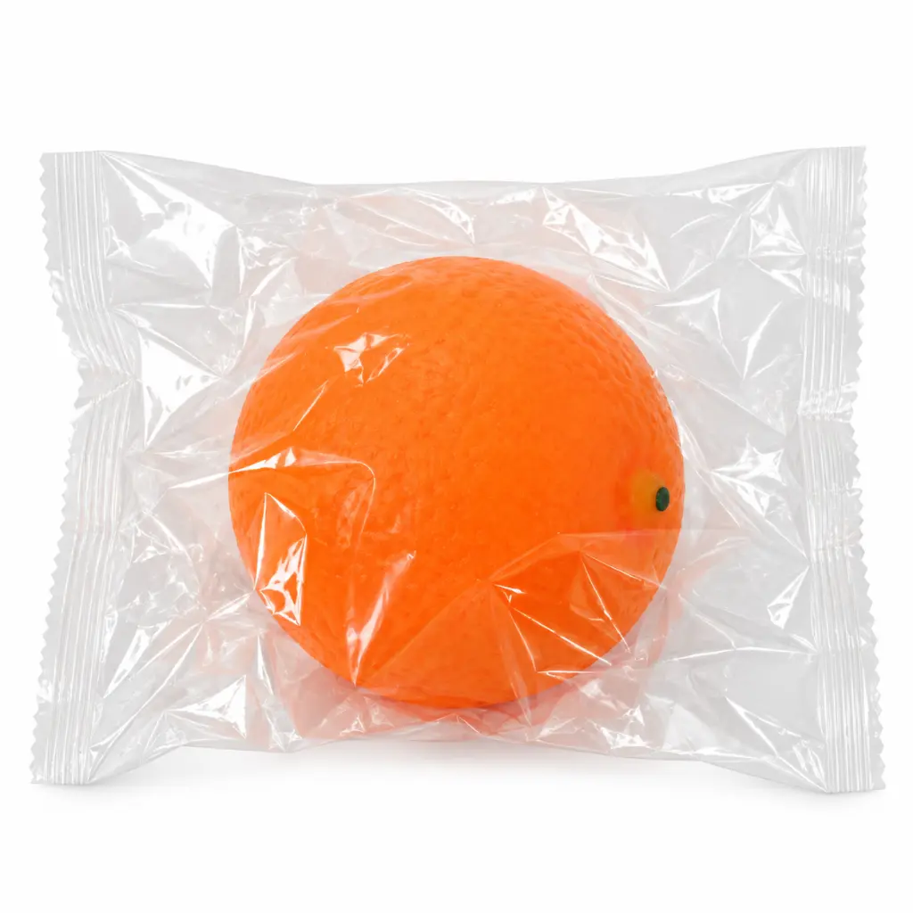 Bola naranja en envoltorio transparente.webp
