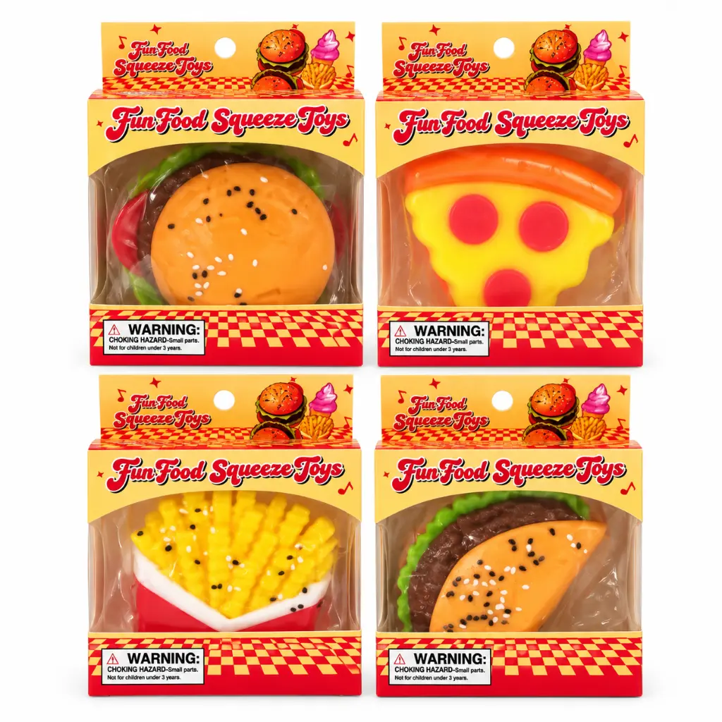 Cuatro juguetes de comida en cajas.webp