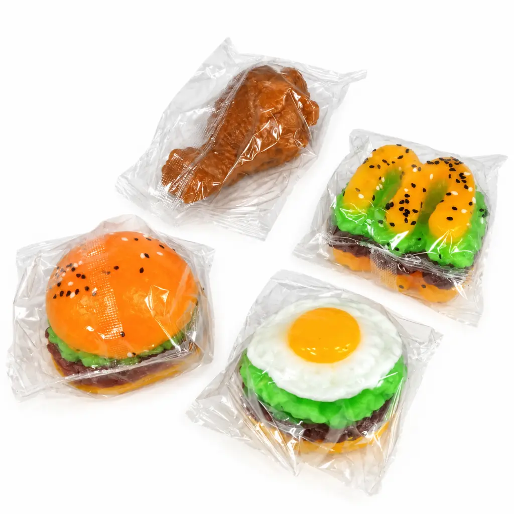 Juguetes de comida envueltos en plástico.webp