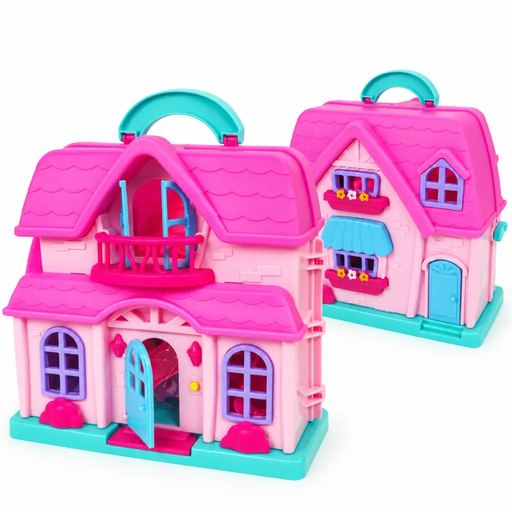 Casitas de juguete rosas en estudio.webp