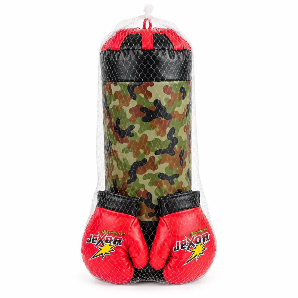 Set de boxeo infantil camuflaje con guantes rojos.webp