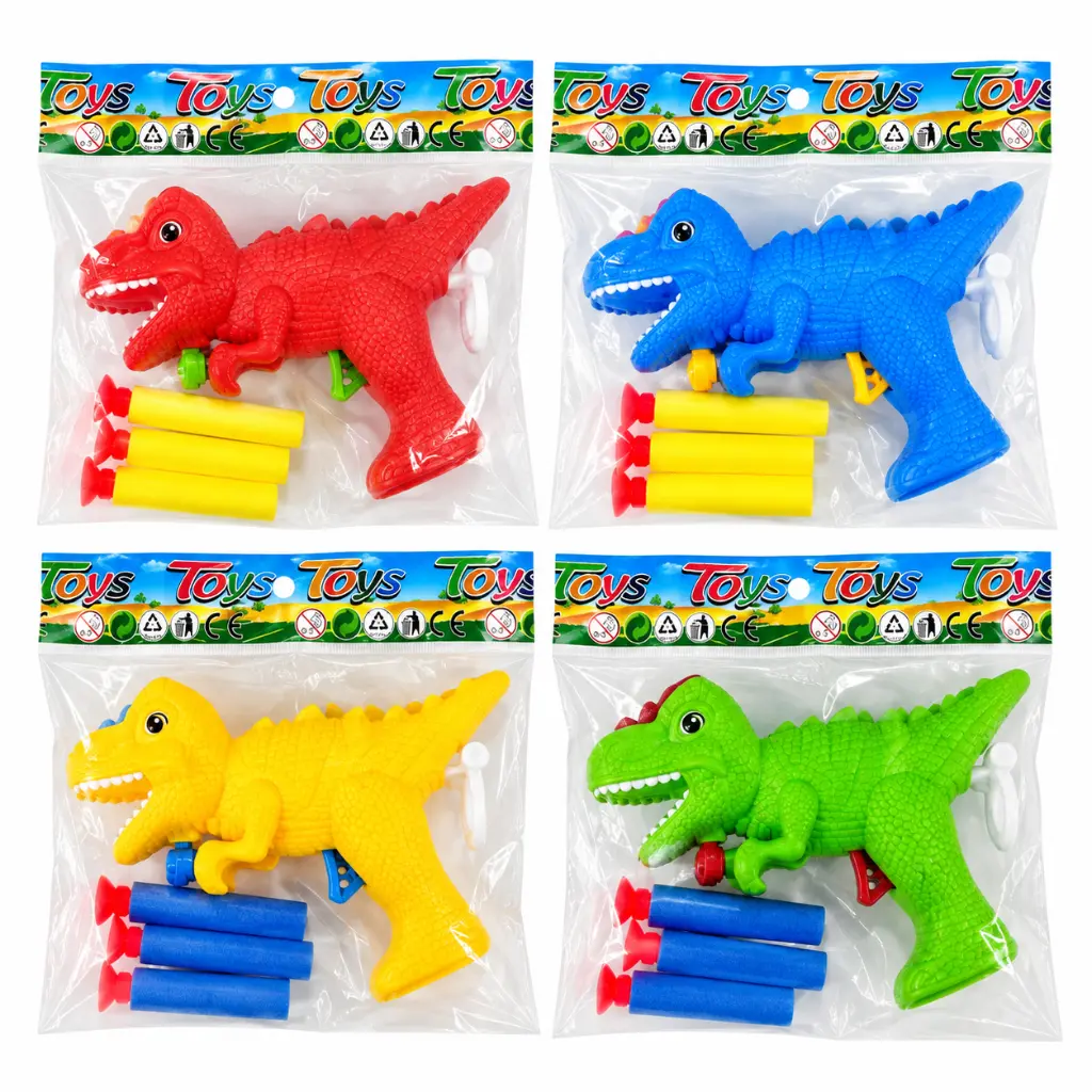 Cuatro blásteres de dinosaurio coloridos.webp