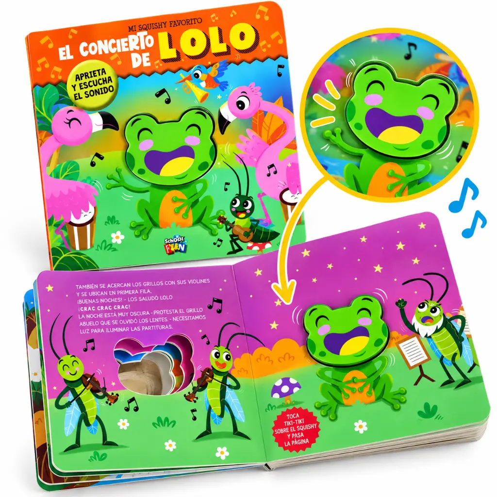 Libro infantil musical con rana squishy.webp