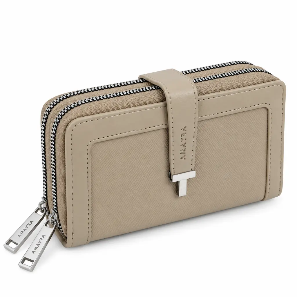 Cartera beige Amayra con doble cremallera.webp