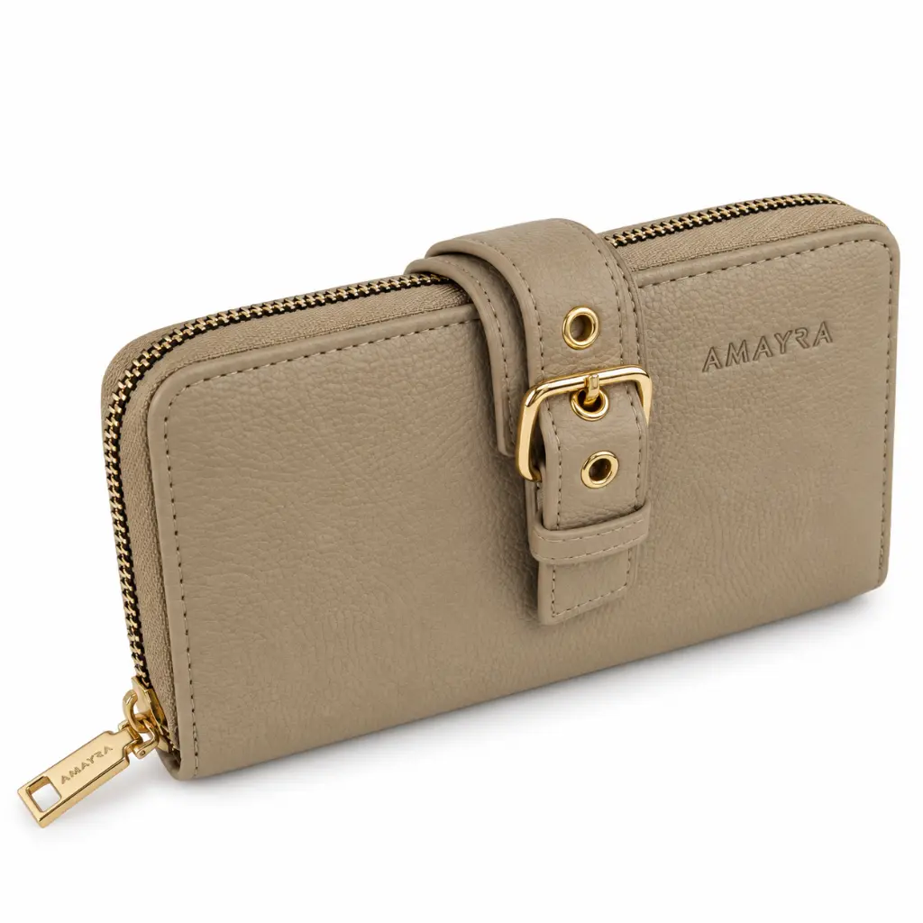 Billetera taupe AMAYRA con cierre dorado.webp