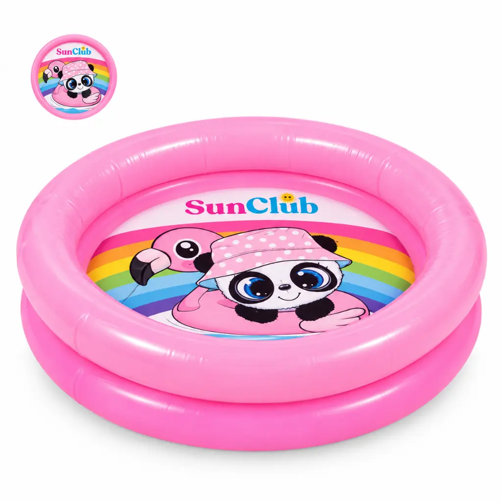 Piscina hinchable rosa con panda y flamenco.webp