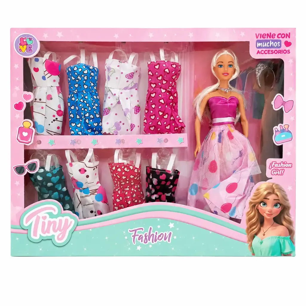 MUÑECA TINY FASHION C/ 8 VESTIDOS E/ CJ ( 53401 / 60338 )