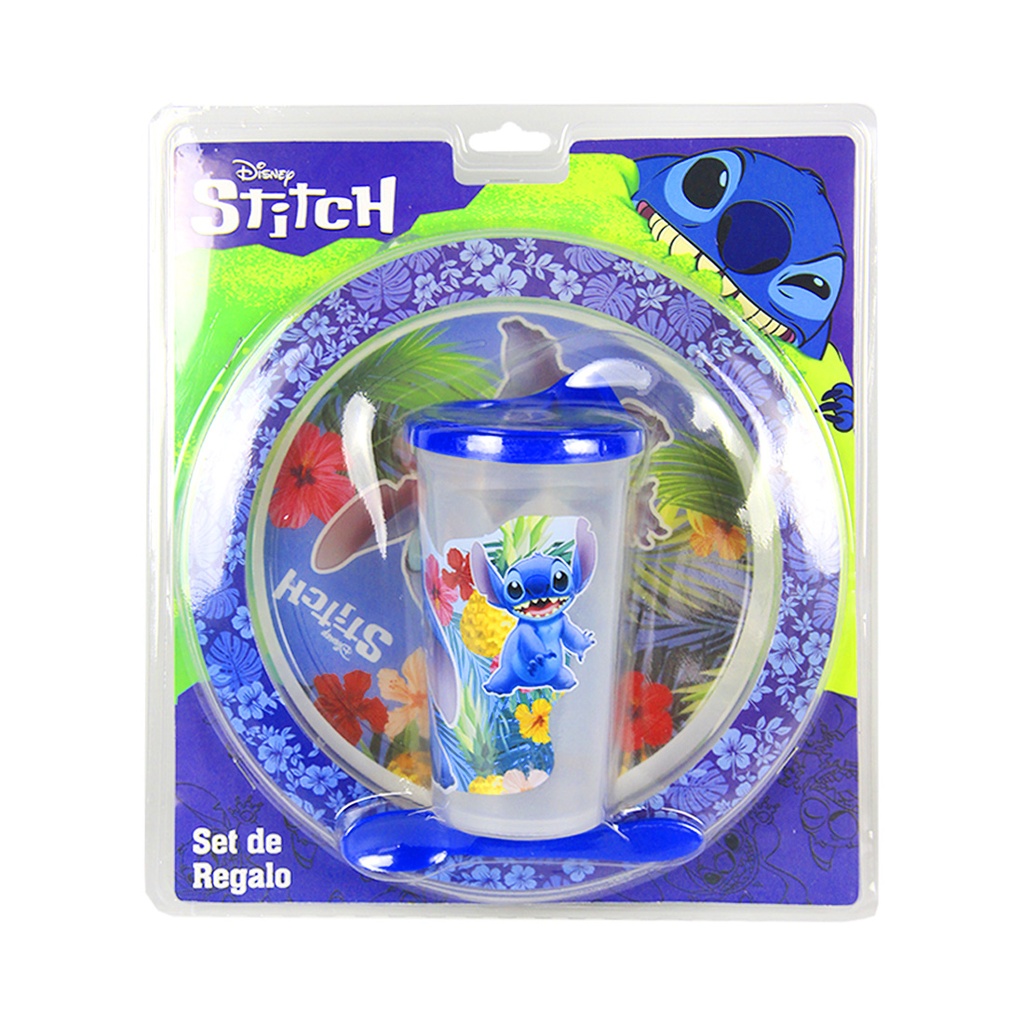 SET DE VASO TAPA CAFE C/ PLATO Y CUCHARA STITCH E/BL