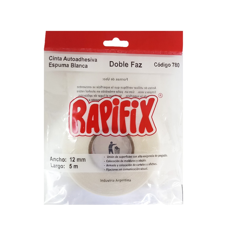 CINTA ADHESIVA RAPIFIX ESPUMA BLANCA DOBLE FAZ 12MM X 5MTS E/ BO ( 780 )