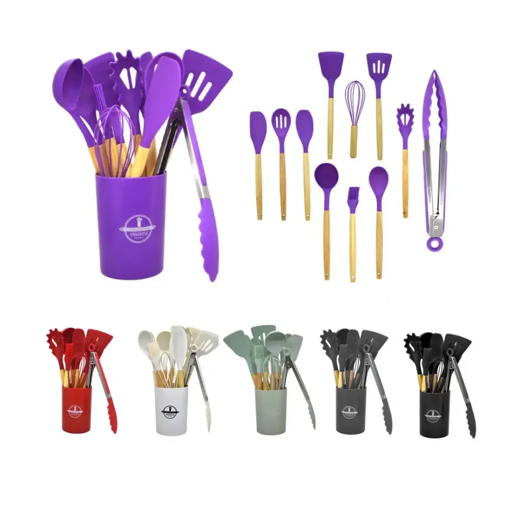 SET UTENSILIOS COCINA SILICONA Y MADERA X12 PZS ( HS-2022A )