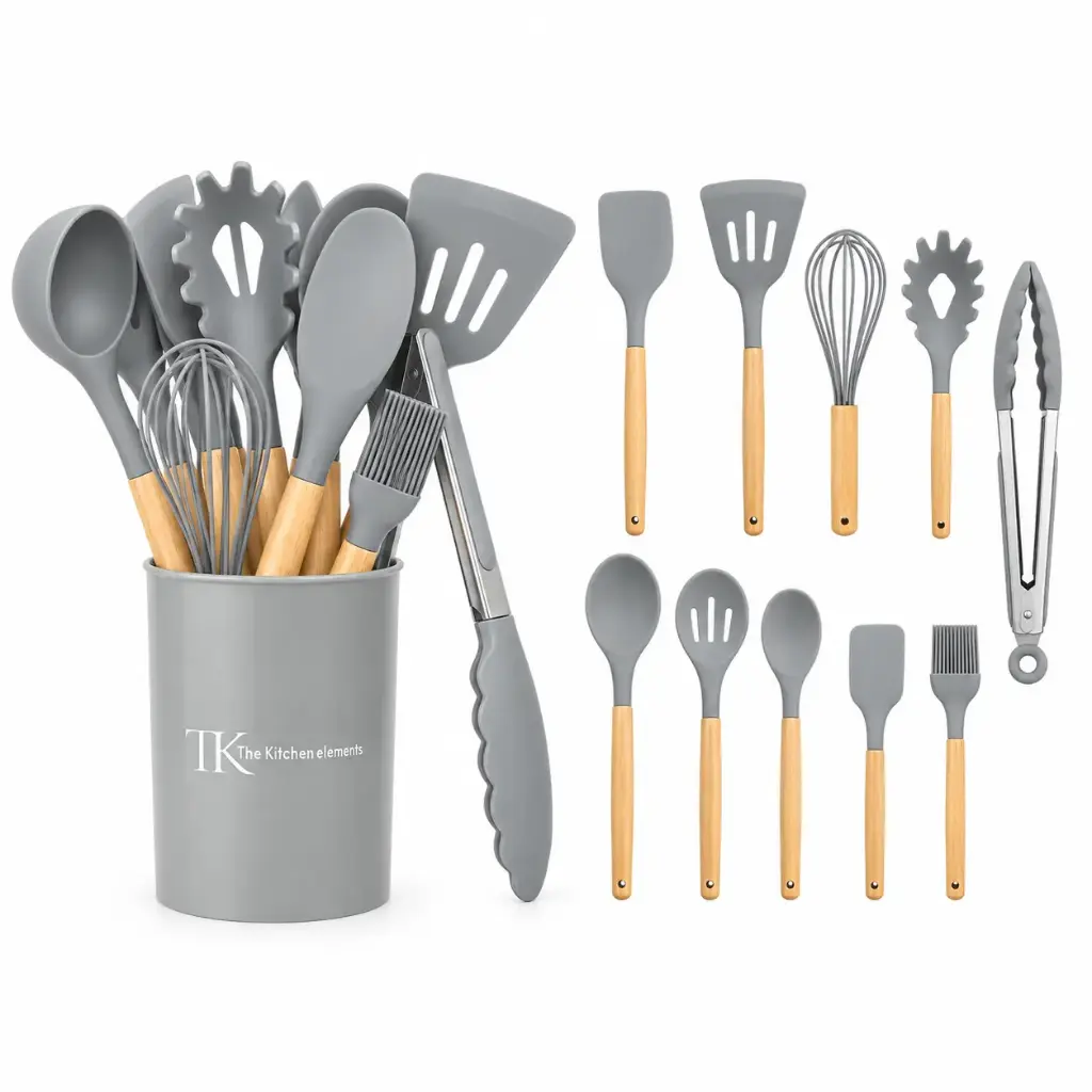 SET UTENSILIOS COCINA SILICONA Y MADERA X12 PZS E/ CJ ( HS-2022A )