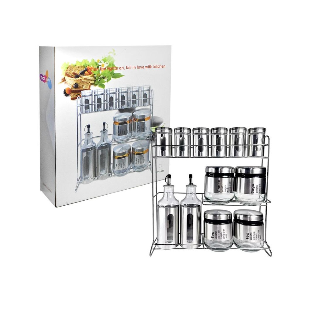 SET ESPECIERO C/ ACEITERA Y VINAGRERA VIDRIO / ACERO X12 E/ CJ