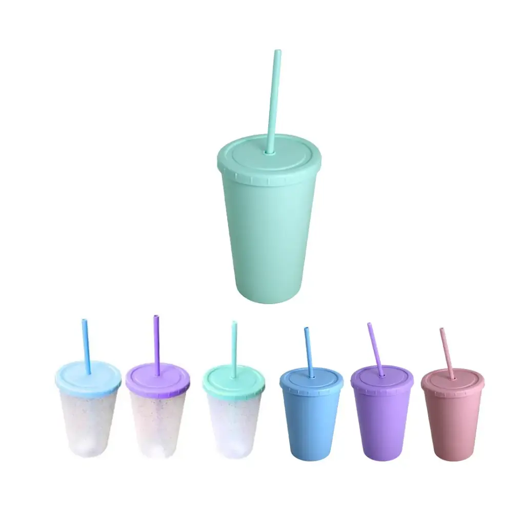 VASO C/ TAPA Y SORBETE GLITTER PASTEL 500CC 