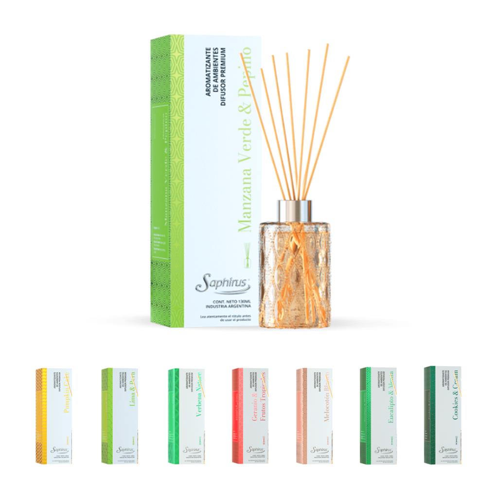 DIFUSOR AROMATICO PREMIUM C/ ESENCIA Y 14 VARILLAS 130mlt e/Cj