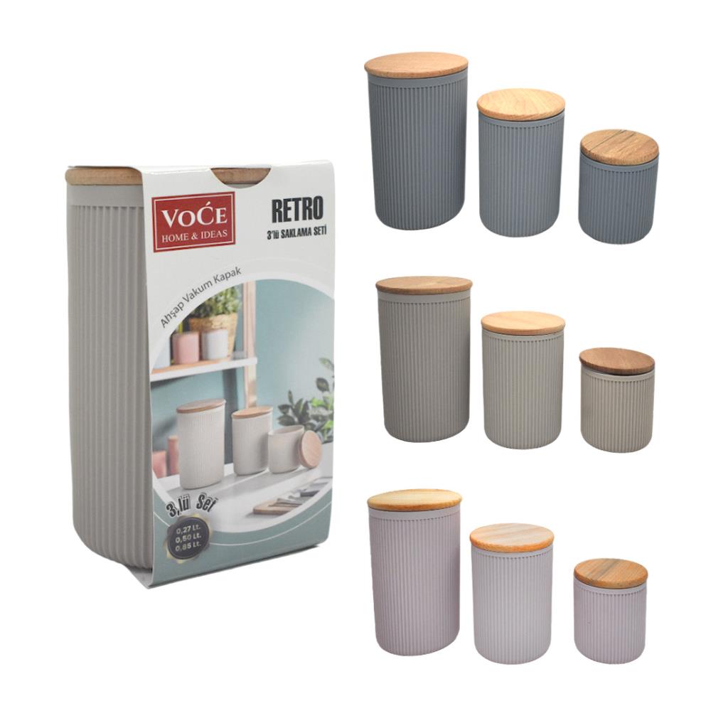 SET RECIPIENTES PLASTICOS C/ TAPA MADERA X3 E/ BL ( VC-177 )