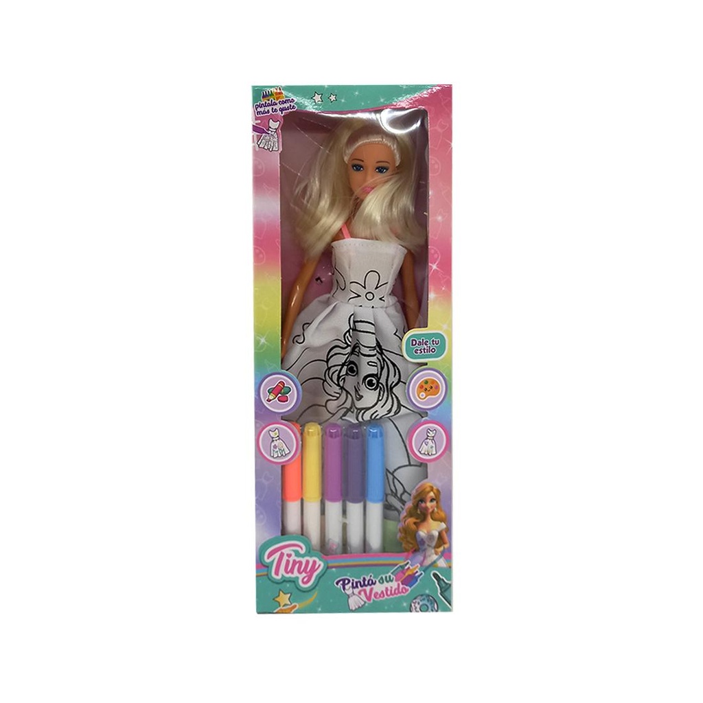 MUÑECA TINY PINTA SU VESTIDO C/ FIBRAS 30CM E/ CJ ( 55035 )