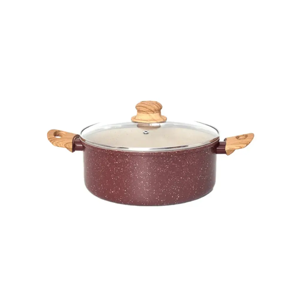 CACEROLA ANTIADHERENTE FORJADO BORDO C/ TAPA DE VIDRIO Y ASAS MADERA 24cm