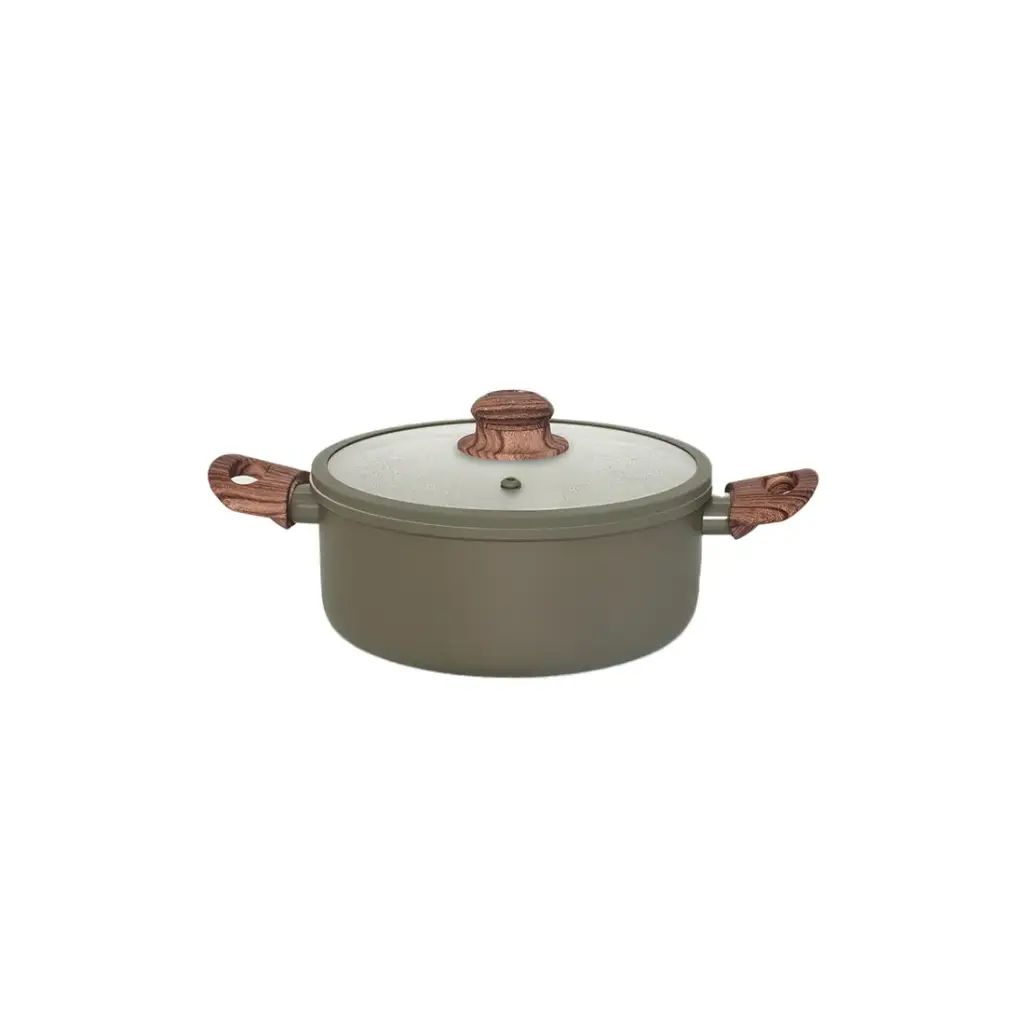 CACEROLA ANTIADHERENTE FORJADO VERDE C/ TAPA DE VIDRIO C/ SILICONA Y ASAS MADERA 22cm 