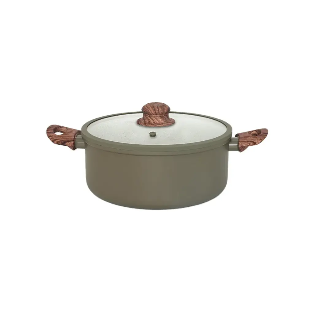 CACEROLA ANTIADHERENTE FORJADO VERDE C/ TAPA DE VIDRIO C/ SILICONA Y ASAS MADERA 24cm 