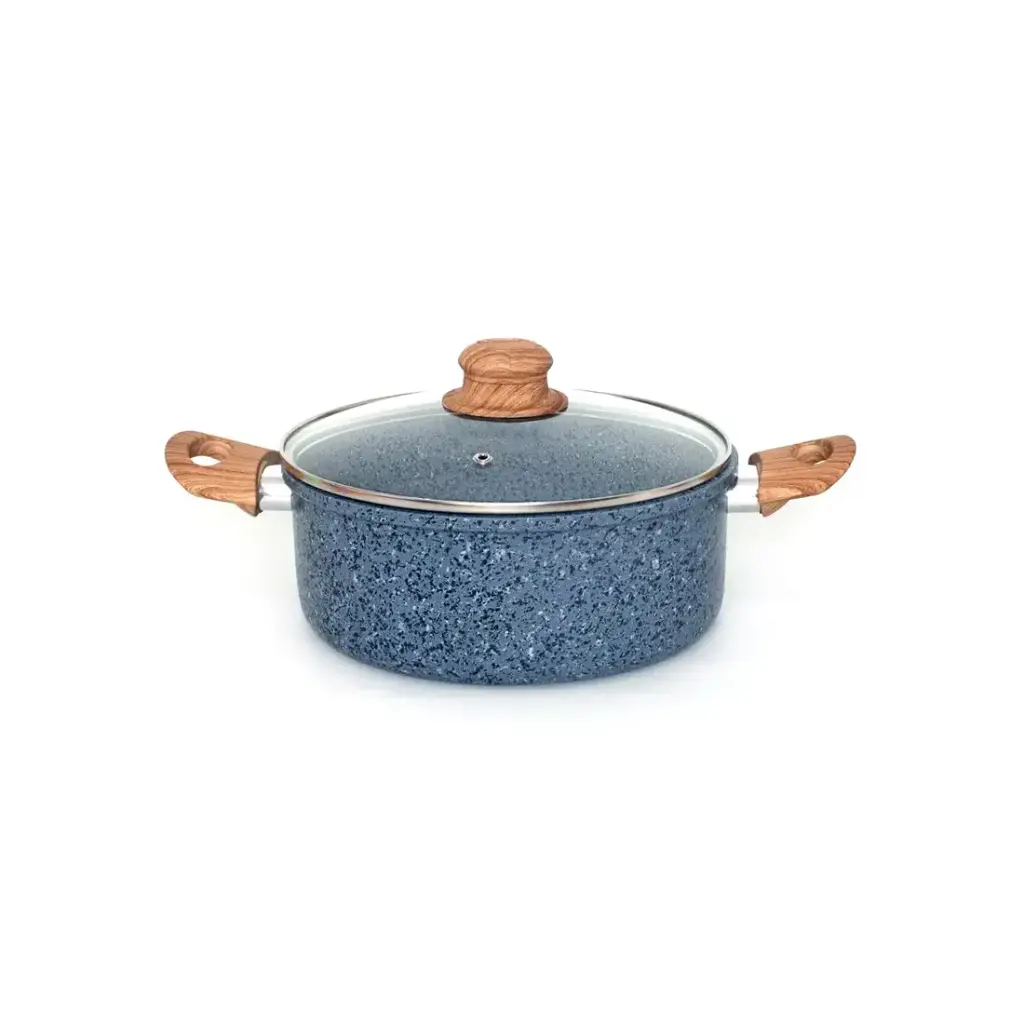 CACEROLA ANTIADHERENTE FORJADO GRANITO C/ TAPA DE VIDRIO Y ASAS MADERA 24cm 