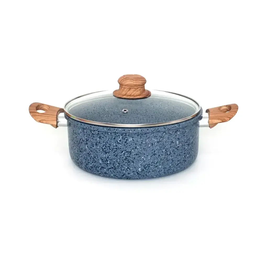 CACEROLA ANTIADHERENTE FORJADO GRANITO C/ TAPA DE VIDRIO Y ASAS MADERA 26cm 