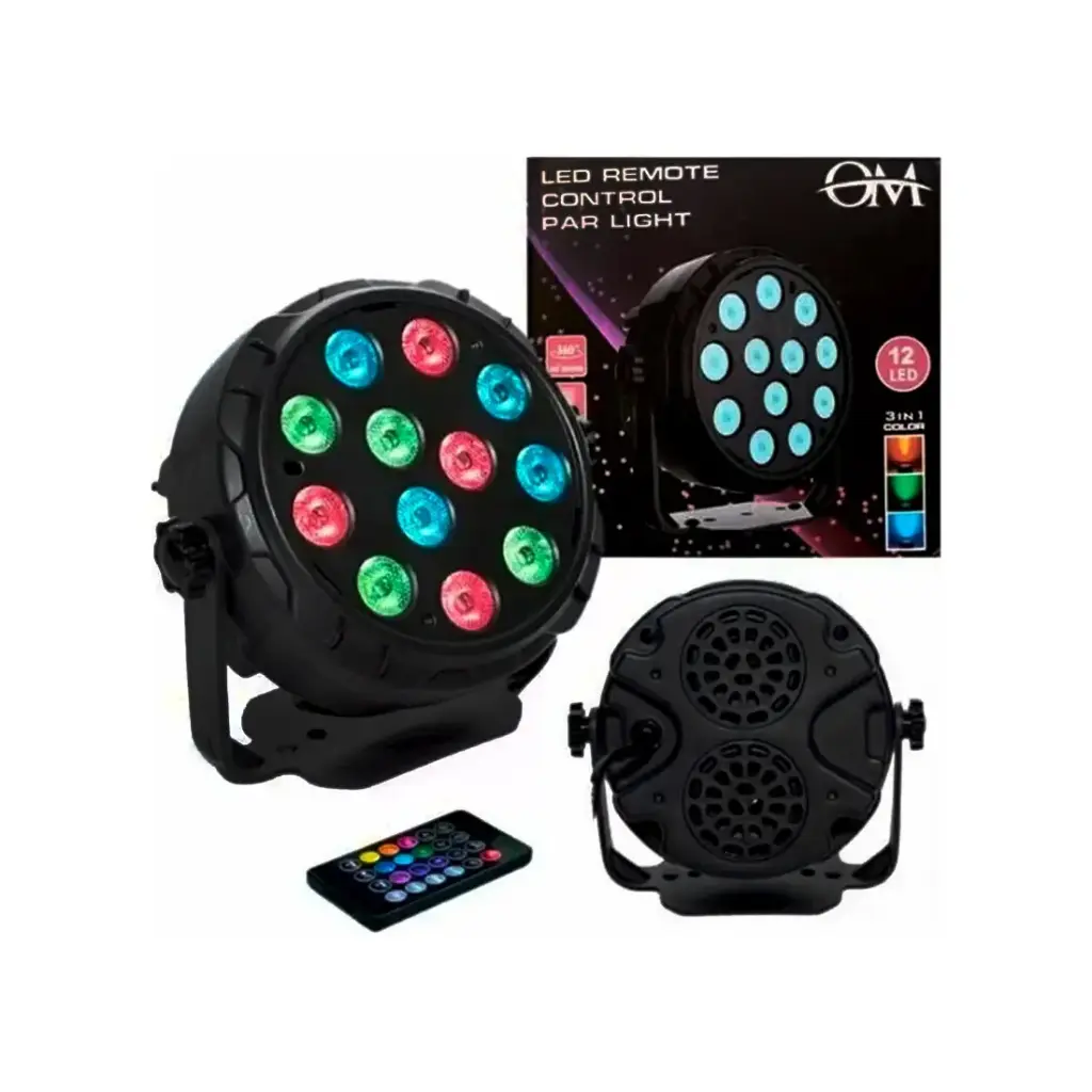 LUZ DE ESCENARIO LED MINI RGB x12 ROTACION 360° C/ CONTROL e/Cj ( OM-1012 ) 