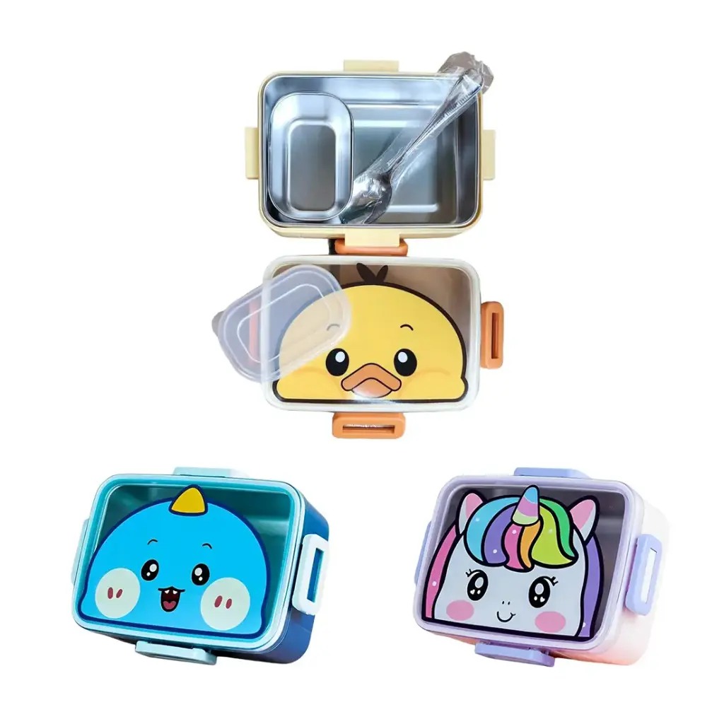 LONCHERA INFANTIL PLASTICA STAINLESS C/ INTERIOR ACERO C/ CUCHARA Y TENEDOR 600ml e/Cj ( NS320018 )