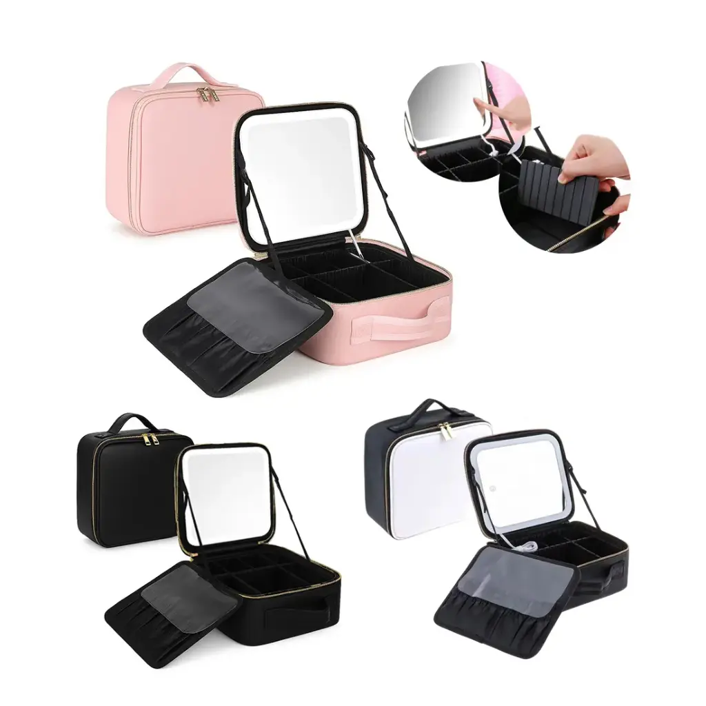 PORTACOSMETICOS RIGIDO C/ DIVISIONES Y ESPEJO LUZ LED 25 x 23 x 11cm ( NS423563 ) 