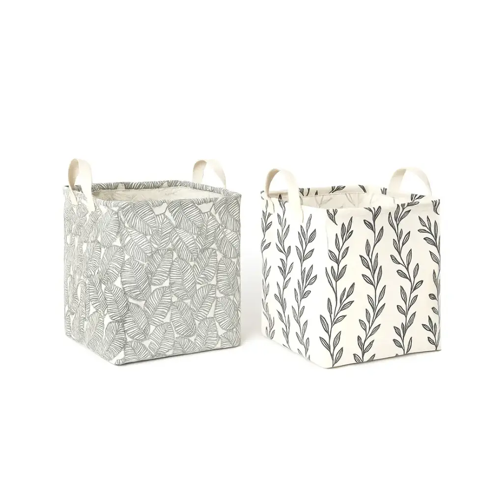 CESTO DE TELA CUADRADO ESTAMPADO C/ MANIJAS CUERO 33cm 