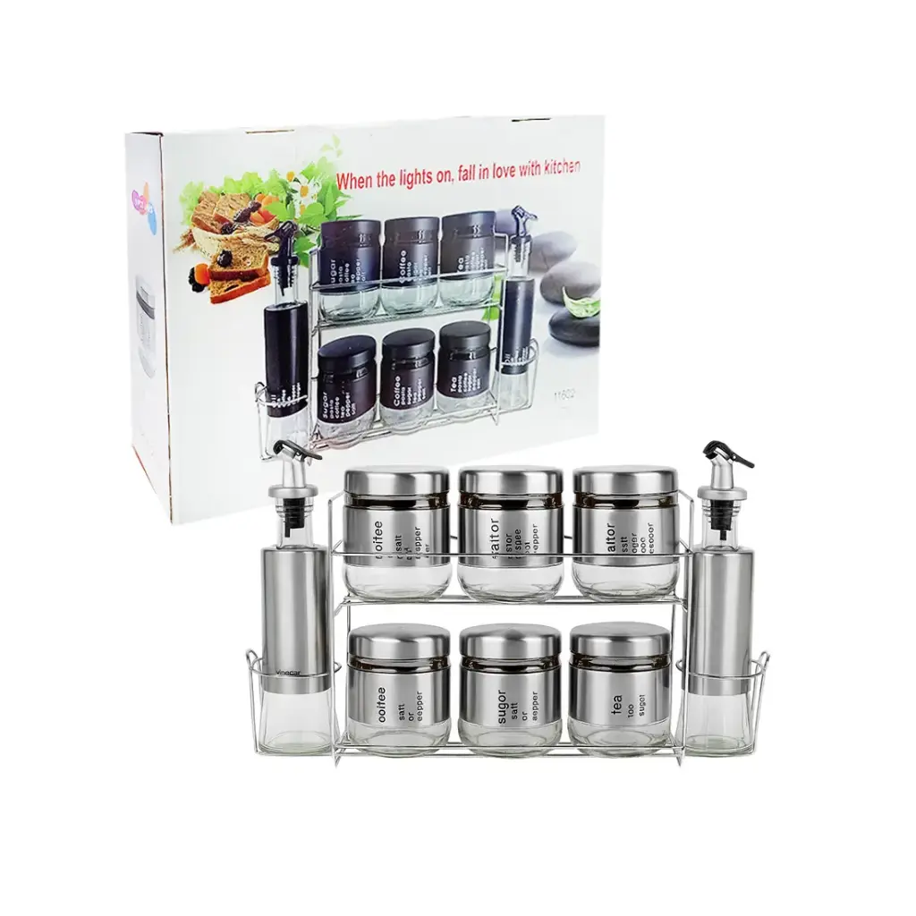 ESPECIERO DE VIDRIO/ACERO x6 C/ ACEITERO/VINAGRERO x2 Y SOPORTE DE METAL ( 1201N) 