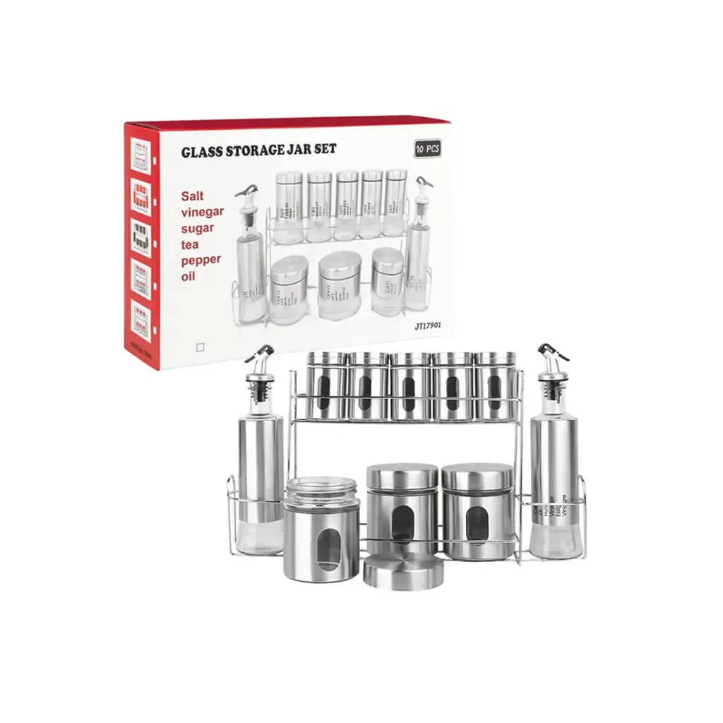 &ESPECIERO DE VIDRIO/ACERO x8 C/ ACEITERO/VINAGRERO x2 Y SOPORTE DE METAL ( 1202N) 