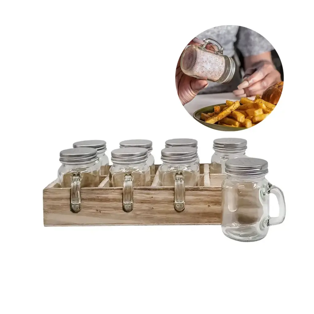 SET ESPECIERO VIDRIO Y TAPA METALICA x8 C/ BASE MADERA e/Cj ( 113-18705 )