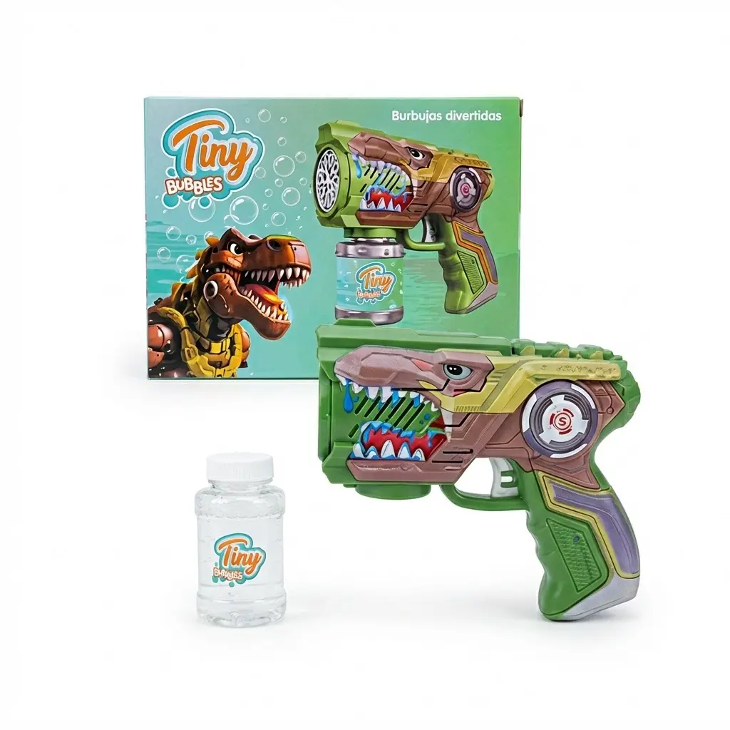 PISTOLA DE BURBUJAS TINY DINOSAURIO 18CM E/CJ ( 55841 )