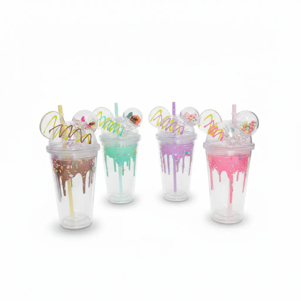VASO PLASTICO C/SORBETE Y TAPA OREJAS RATON ( NS230235ZZ )