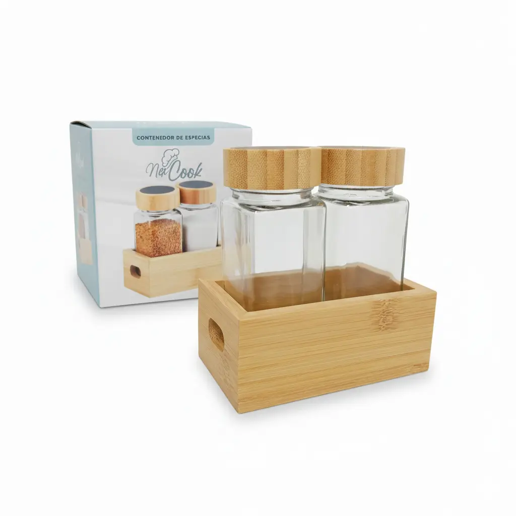 ESPECIERO VIDRIO CUADRADO X2 C/TAPA Y BASE BAMBOO E/CJ ( CA5536 )