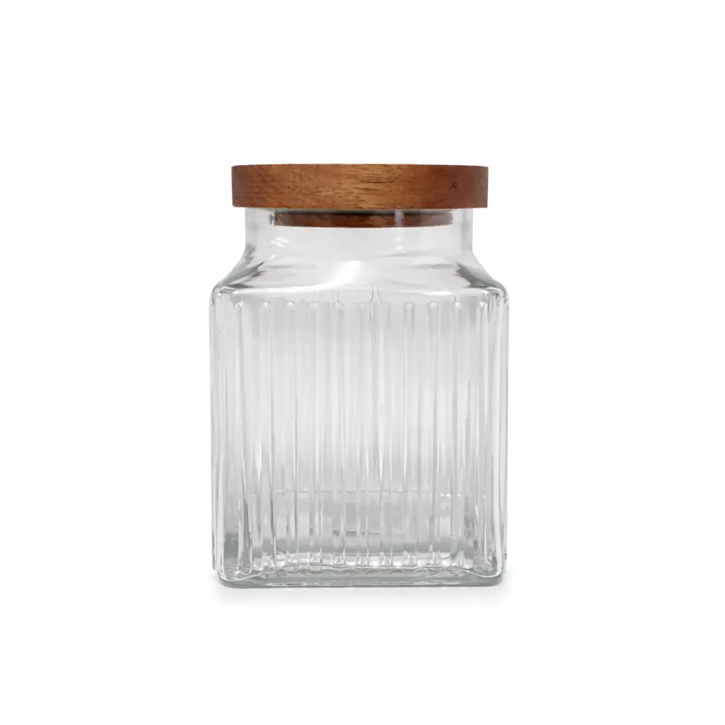 FRASCO DE VIDRIO RAYAS C/ TAPA MADERA ( CN20577 )