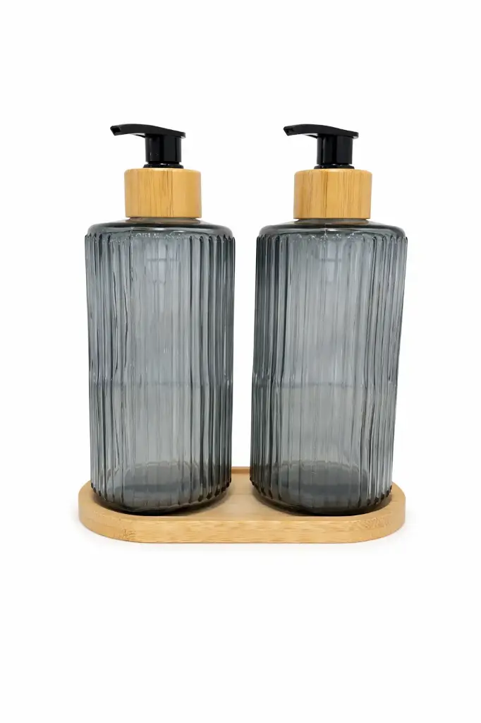 DISPENSER VIDRIO P/ JABON X 2 C/ BANDEJA BAMBU E/ CJ ( 022-4 )  