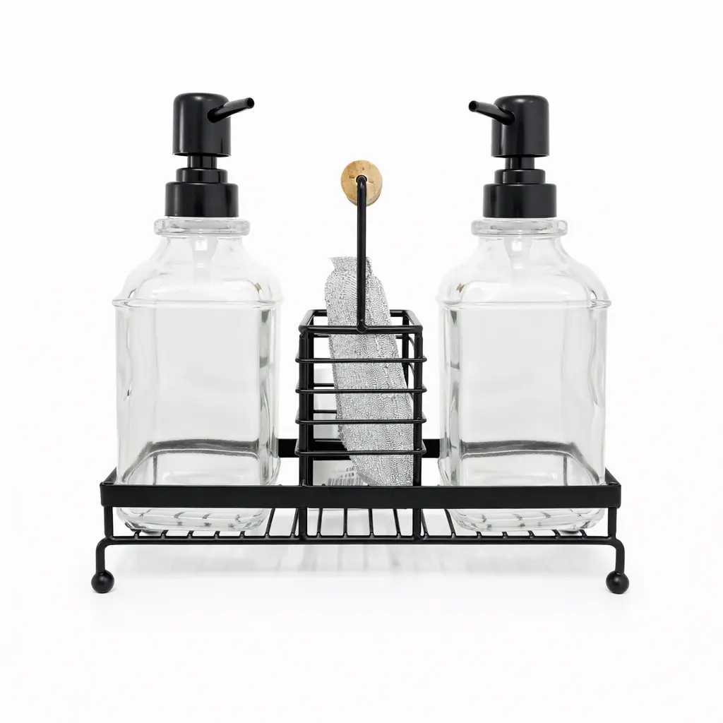 DISPENSER VIDRIO DOBLE P/ JABON C/ BASE METALICA ( 040-4 )