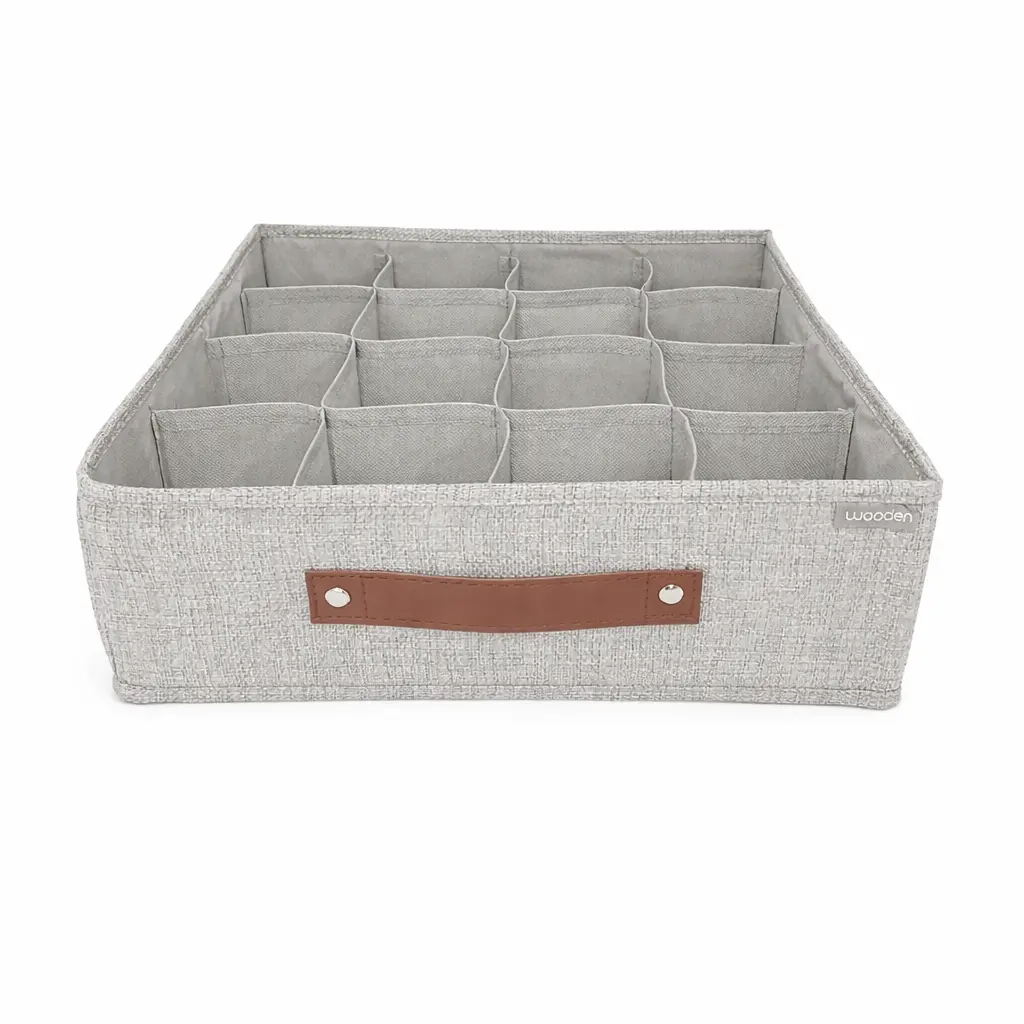 CAJA PLEGABLE TELA C/ MANIJA CUERO 16 DIVISIONES Y CIERRE 32 X 32 X 10CM ( 027-19N / 027-19G )