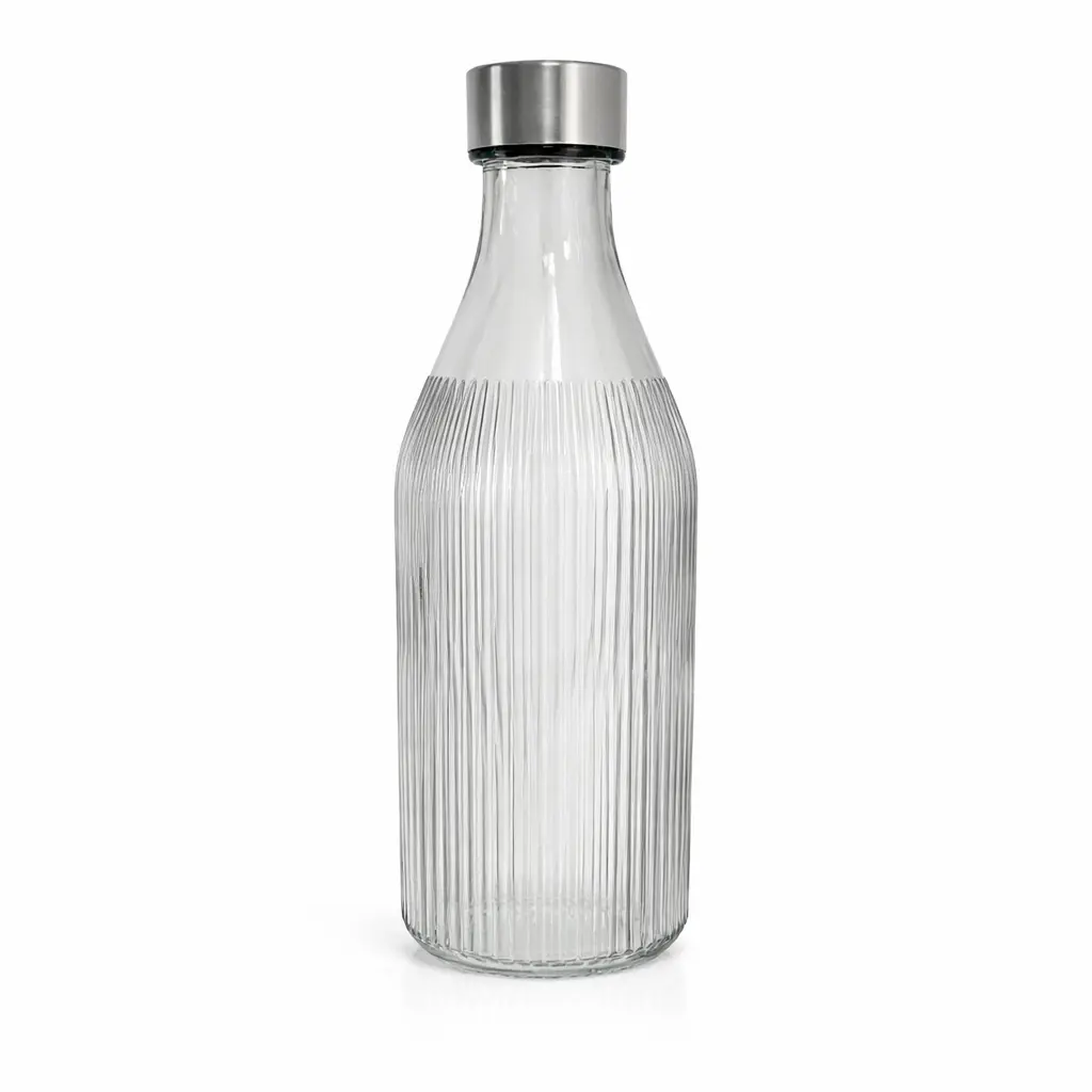 BOTELLA VIDRIO LABRADO RAYAS GRIS C/ TAPON ACERO 1L ( C5983 )