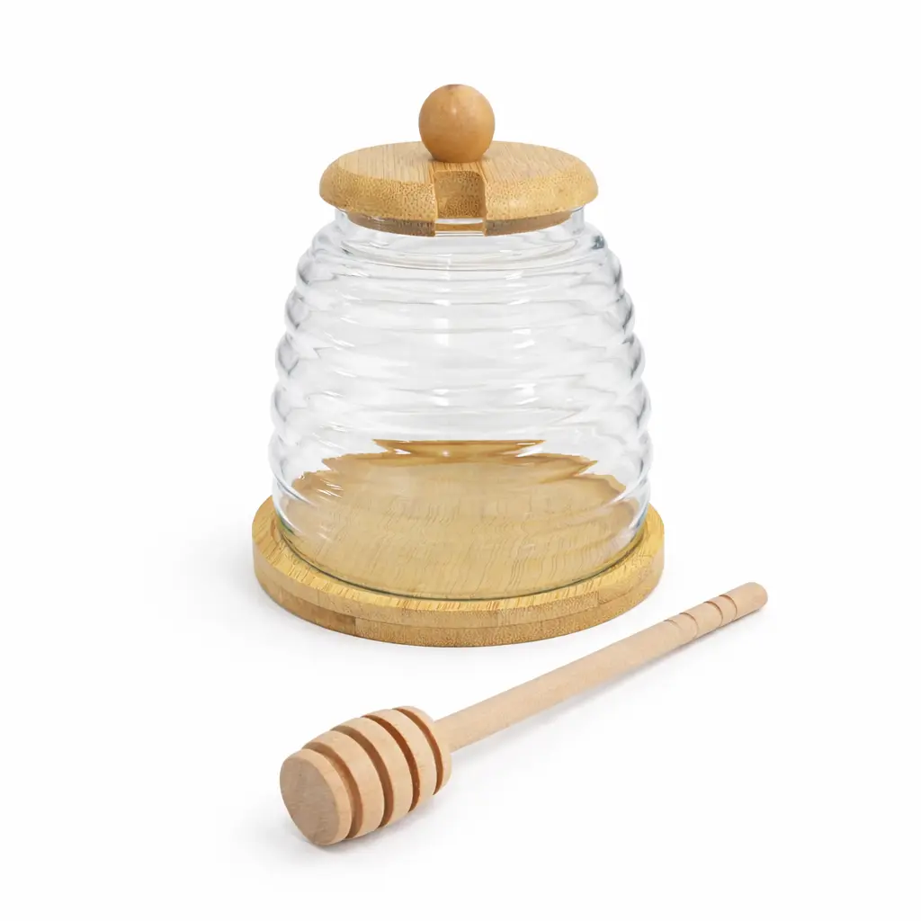FRASCO DE VIDRIO MIEL C/ BASE Y TAPA BAMBU ( CA5159Z2 )
