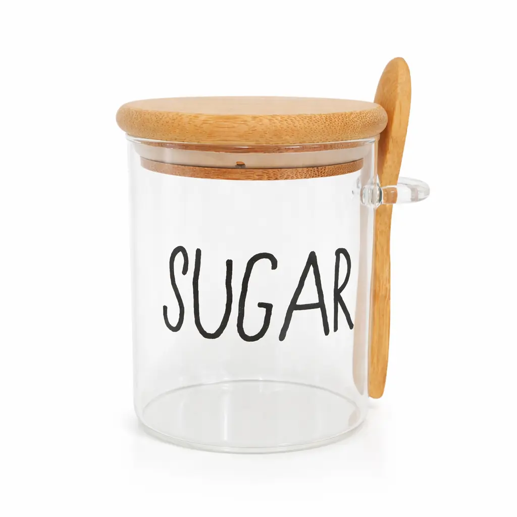 FRASCO DE VIDRIO P/ AZUCAR C/ TAPA Y CUCHARA BAMBU 8 X 10CM ( BR0810/S )