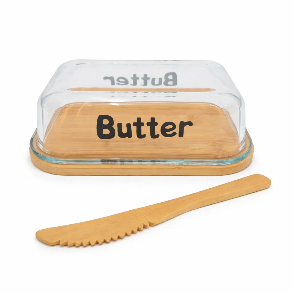 MANTEQUERA DE VIDRIO C/ TAPA Y UNTADOR BAMBU 15 X 10CM E/ CJ ( LB640/2 )