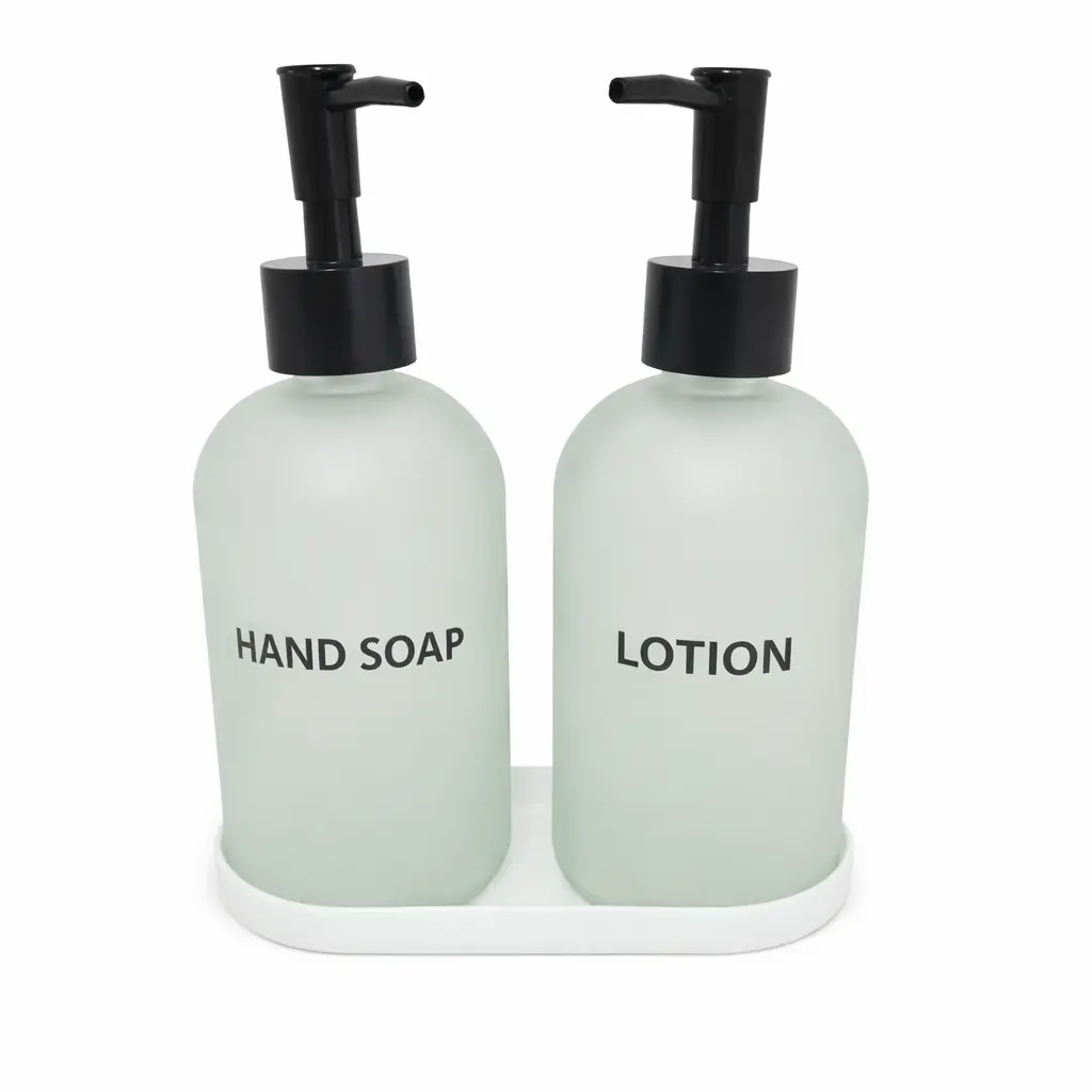 DISPENSER VIDRIO P/ JABON 410ML X2 C/ BANDEJA PLASTICA E/ CJ ( DR0231 )  