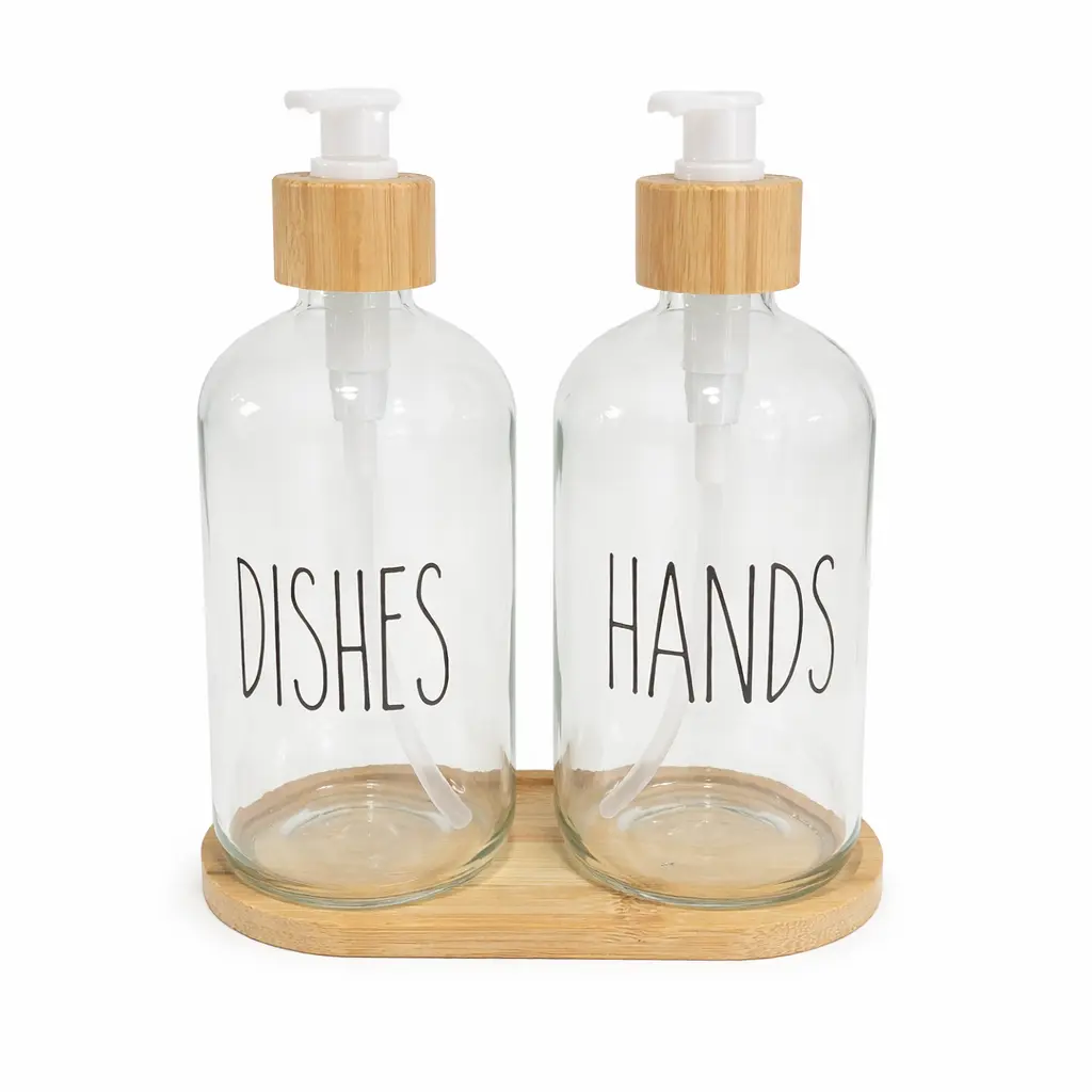 DISPENSER VIDRIO P/ JABON 500ML X2 C/ BANDEJA BAMBU E/ CJ ( DR0228 )