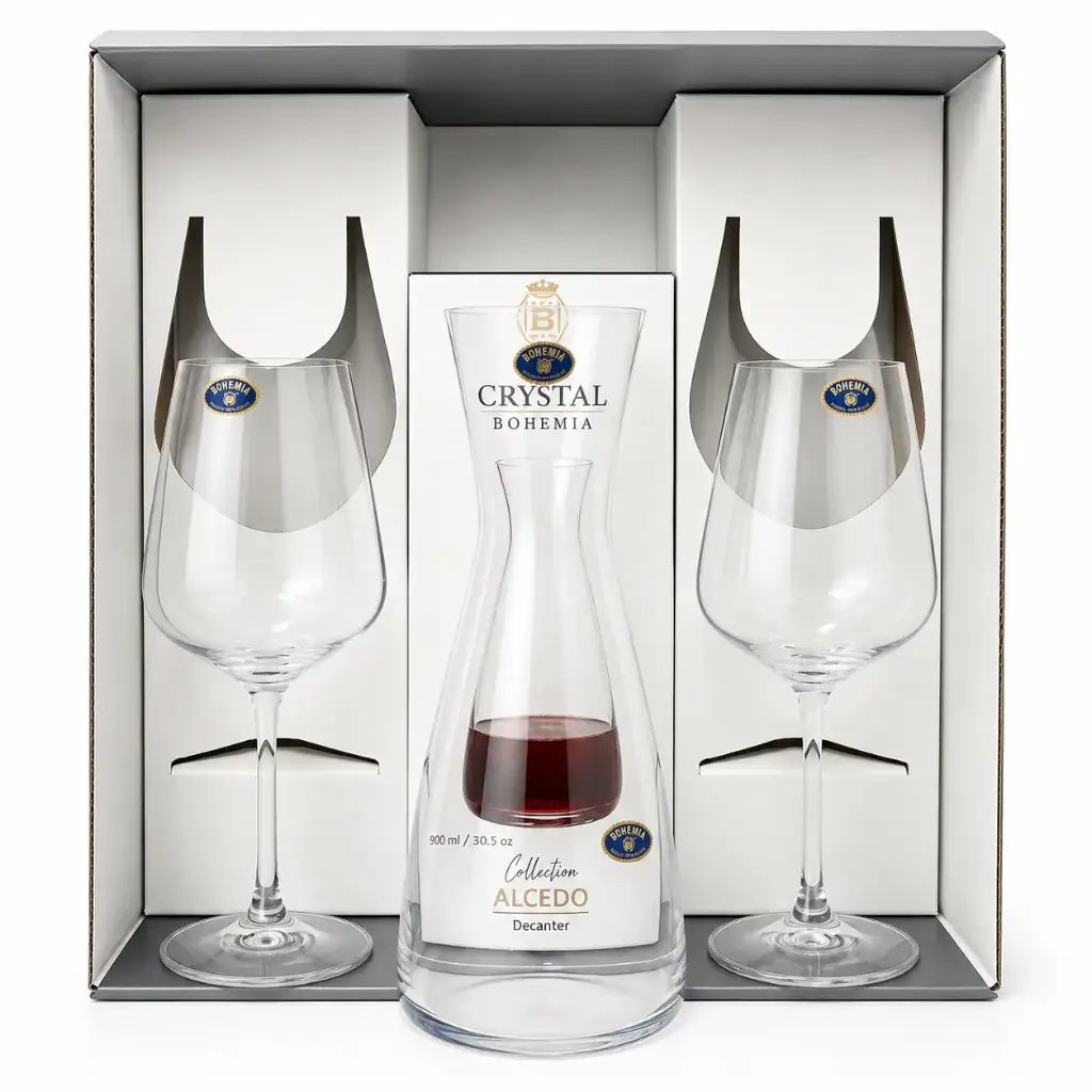 CAJA P/ REGALO C/ COPA VINO STRIX 450ML X2 Y DECANTER ALCEDO 900ML ( 1448 )